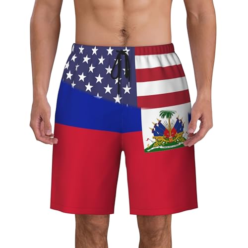 American Flag and Haiti Flag Mens Summer Seabeach Casual Shorts Seaside Surfing Swim Trunks Beach Pants4