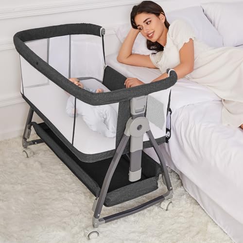 Image of Jixrolyn Bedside Bassinet for Baby, Adjustable Newborn Bassinet with Wheels, Storage Basket, Mattress, Easy to Assemble & Portable Folding Baby Cradle (Black)