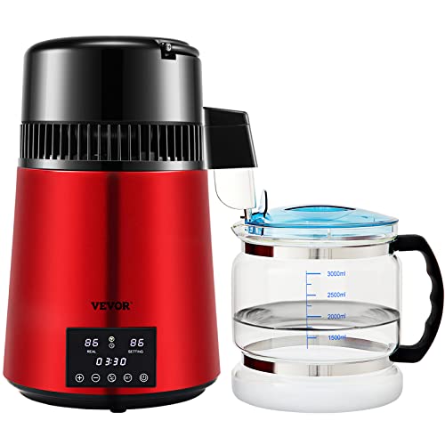 VEVOR 1.1Gal Water Distiller, 0.3Gal/H, Distilled Water Maker Machine 750W 0-99H Timing Dual Temp Display, 304 Stainless Steel Countertop Distiller Glass Carafe Cleaning Powder 3 Carbon Packs, Red