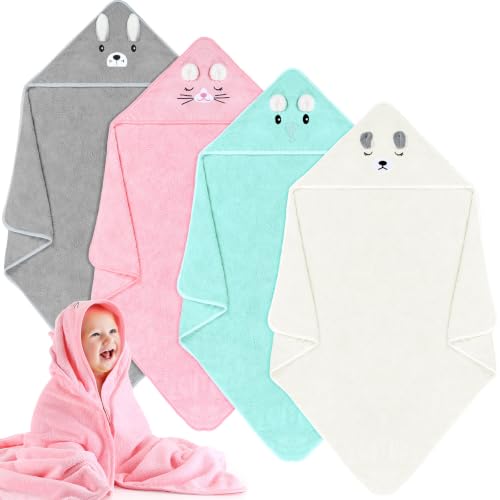 Image of Preboun 4 Pcs Baby Bath Towel 31.5 x 31.5 Inch Coral Fleece Baby Hooded Towel Absorbent Soft Babys Towels for Newborn Cartoon Animal Hooded Bath Blanket for Kids Newborn Shower (Gentle Color,Style B)