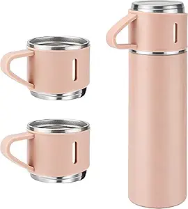 MARCELLE Stainless Steel Vacuum Flask Set with 3 Steel Cups Combo for Hot and Cold Drink Flask Bottle 500ml