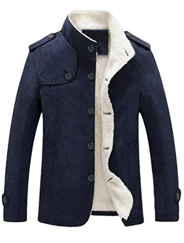 Lavnis Men's Cotton Blend Jacket Casual Stand Collar Single Breasted Trench Overcoat Dark Blue L