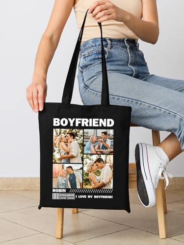 Herz & Heim® Personalisierter Stoffbeutel mit Fotos & Wunschtext – Magazin-Cover-Design – Schwarze Baumwolltasche mit Text & Bildern – Geschenk mit eigenen Fotos & Text
