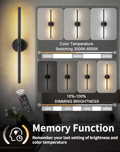 Image of 2025 New Black Wall Sconces Set of Two Battery Operated, 24 Inch Wireless Modern USB Rechargeable Wall Sconce Set of 2, 360 Rotable Remote LED Sconces Wall Light Decor , Dimmable 3 Color Temperature