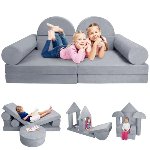 Modular Kids Play Couch, Floor Sofa for Children, Creativing Playroom Furniture for Toddlers, 10PCS Toddler Foam Sofa for Playroom Bedroom, Foam Castle Sofa Gift for Imaginative Boys and Girls