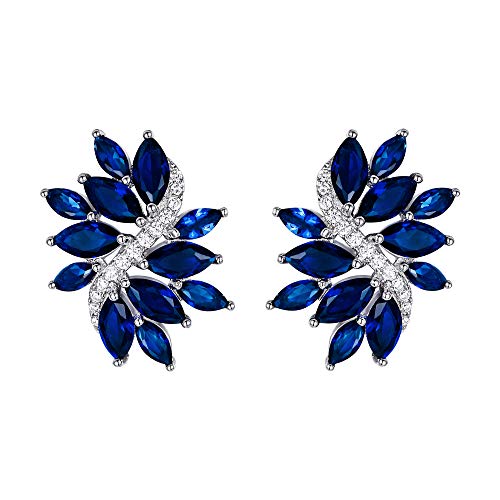 EVER FAITH Mujer Cristal Maquesa Zirconia Flor Hoja Perforado Pendientes Stud Azul Tono Plateado