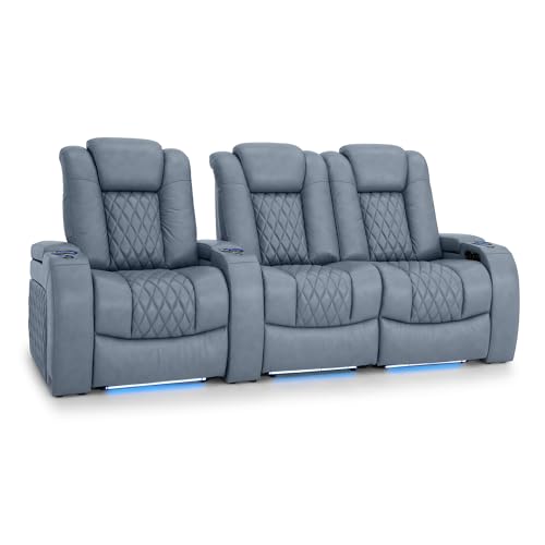 Image of Seatcraft Diamante Smokey Blue Italian Leather Home Theater Seating, Zero Gravity Power Recliner, Gaming and Home Office Chair, Powered Headrest Furniture for Cinema Room, Row of 3 Right Loveseats
