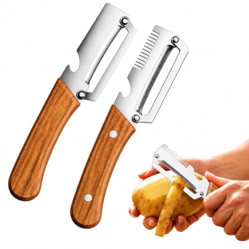Image of 3 in 1 Julienne Peeler and 2 in 1 Vegetable Peeler Combo Pack of 2 Stainless Steel Wooden Handle & Plastic Handel Set Kitchen Peeling Tools