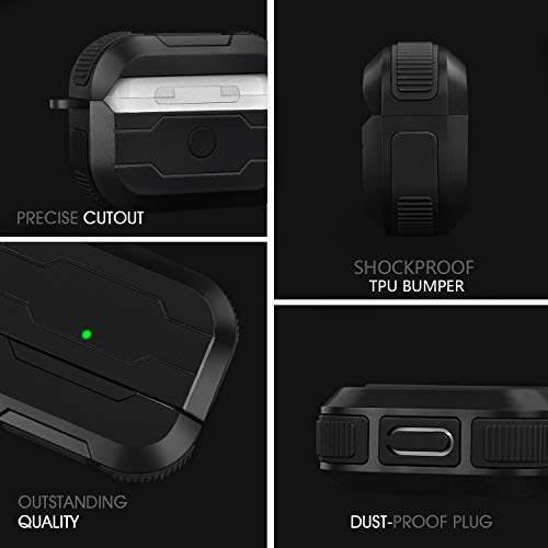Airpods Pro Case Cover, Shock-Resistant Military Protective Men Airpod Pro Cases Accessories With Metal Carabiner Keychain, Designed For Apple Airpods Pro Wireless Charging Case (Black) #TOP5