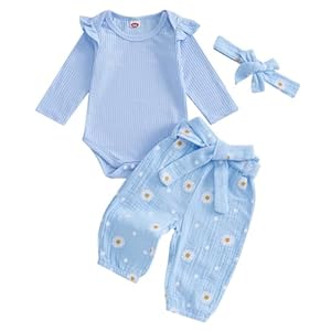 Kaipiclos Newborn Infant Girl Clothes 0 3 6 12 18 24 Months Rib Knit Romper Daisy Print Pants Headbands Baby Clothes Girls