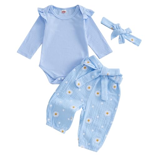Kaipiclos Newborn Infant Girl Clothes 0 3 6 12 18 24 Months Rib Knit Romper Daisy Print Pants Headbands Baby Clothes Girls