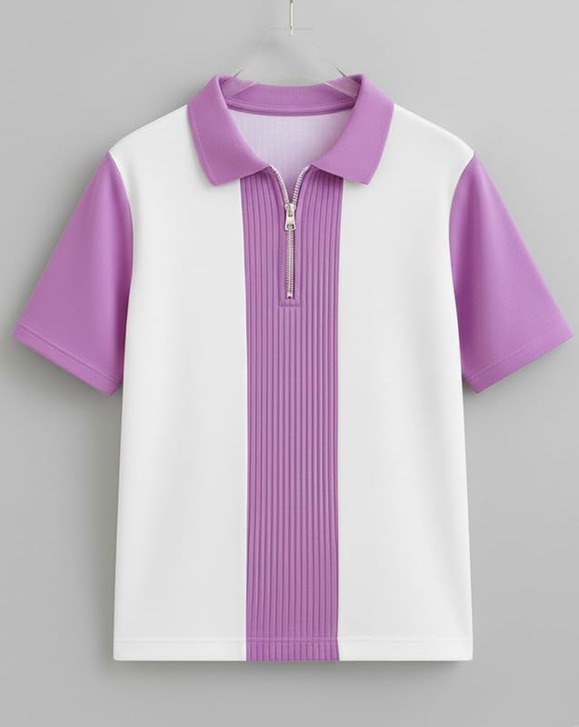 Image of AUSK Men's Textured Vertical Striped Knit Polo T-Shirt | Half Sleeve Zipper Neck Self-Design Casual Tee | Mens Tshirts