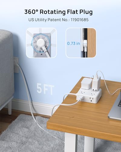 Image of TROND Power Strip, 360 Rotating Flat Plug, 8 Widely Spaced Outlets, 3C1U, Flat Plug Extension Cord 5ft, 1440J Surge Protector for Home Office, White