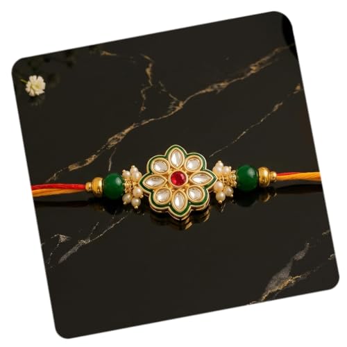 Image of CraftVatika Kundan Rakhi for Brother Boy Men, Designer Kundan Rakhi for Rakshabandhan Festival, Traditional Raki for Bhai, Premium Raksha Bandhan Rakhies for Bhaiya RakshaBandhan Bracelet Set of 1