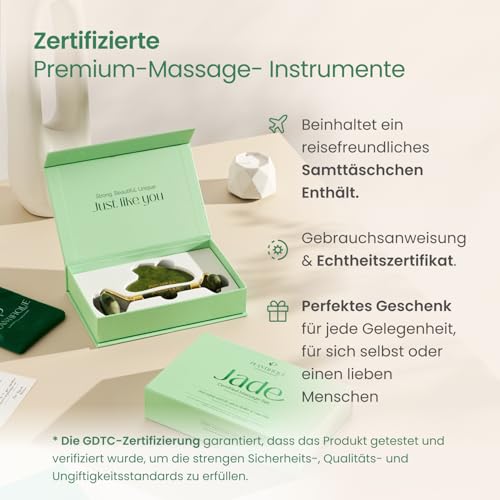 PLANTIFIQUE Jade Gesichtsroller und Gua Sha Stein Set - Natürliches Jade Face Roller & Guasha für Lymphdrainage und Massage Gesicht, Augenroller - Gesichtsmassage Roller 6