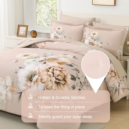 Image of Floral Comforters Queen Size 7 Pieces Botanical Dusty Pink Flower Bed in a Bag Ulter Soft Microfiber Bedding Set, Lightweight Bed Comforter Set with Sheets for All Season (Dusty Pink, Queen)