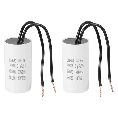 PATIKIL 3uF CBB60 Laufkondensator, 2 Stück Laufkondensator mit 2 Drähten, AC 450V Startmotor mit Frequenz von 50Hz/60Hz, Geeignet für Luftkompressoren Pumpen, Weiß