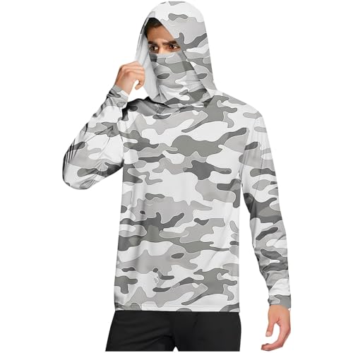 Camo Hoodie for Men Lightweight UPF 50+ Sun Protection Hooded Shirts with Neck Gaiter UV Rash Guard Fishing Sun Shirt
