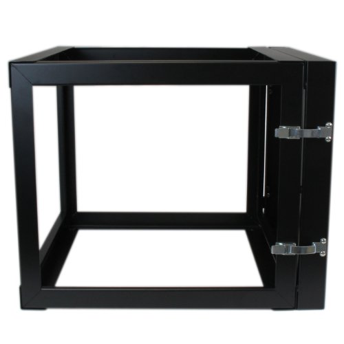 Image of StarTech 8U 4-Post Hinged Wall Mount Open Rack, 19in, 139lb (RK819WALLOH) | Swing-out hinged frame, SPCC cold-rolled steel, Ships fully assembled, Cage nuts, 19.8in /50.2cm depth