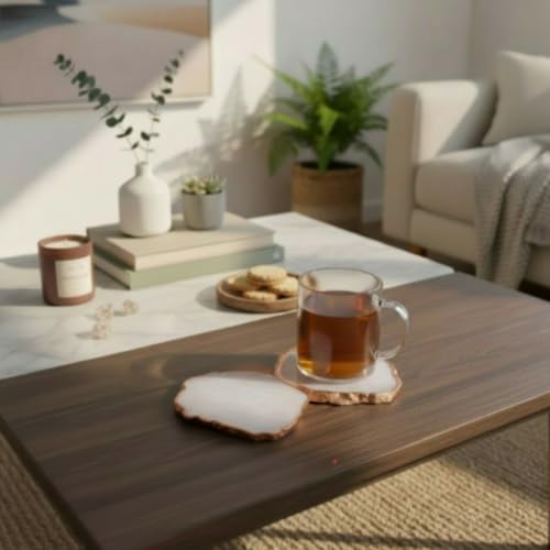 Image of Natural Agate Stone Tea Coasters Set | Premium Stone Coasters for Tea, Coffee & Glass | Heat Resistant Coasters for Dining Table, Office Desk & Home Decor | Pack of 2 | Color -White