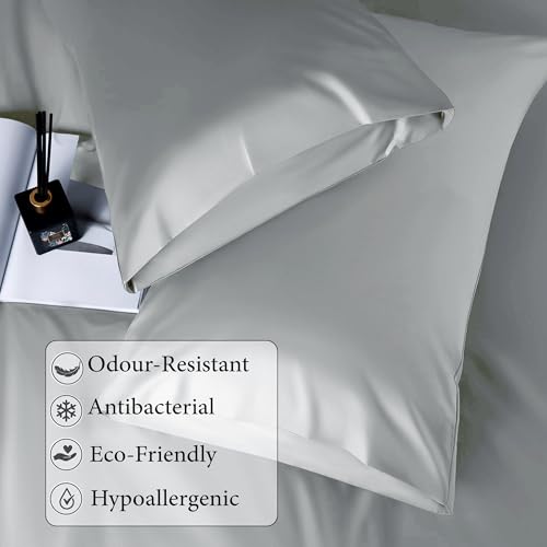 Image of RD TREND Microfiber Satin Weave Fitted Bedsheets for Queen Size Bed 78x60x10 Inch with 2 Pillow Covers-18x28 Inch | 400 TC All Around Elastic | Silver
