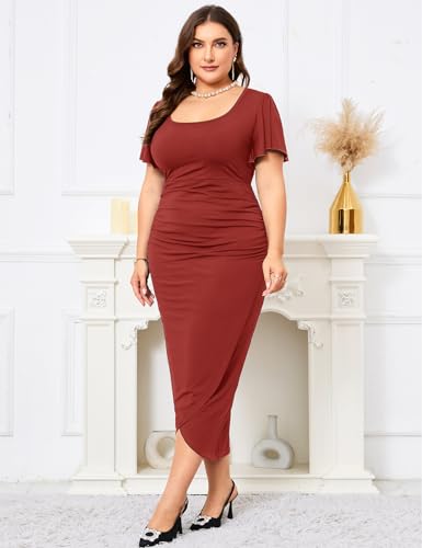 Image of ZOMVA 2024 Plus Size Cocktail Dress Comfortable Bell Sleeves Wedding Guest Square Neck Semi Formal