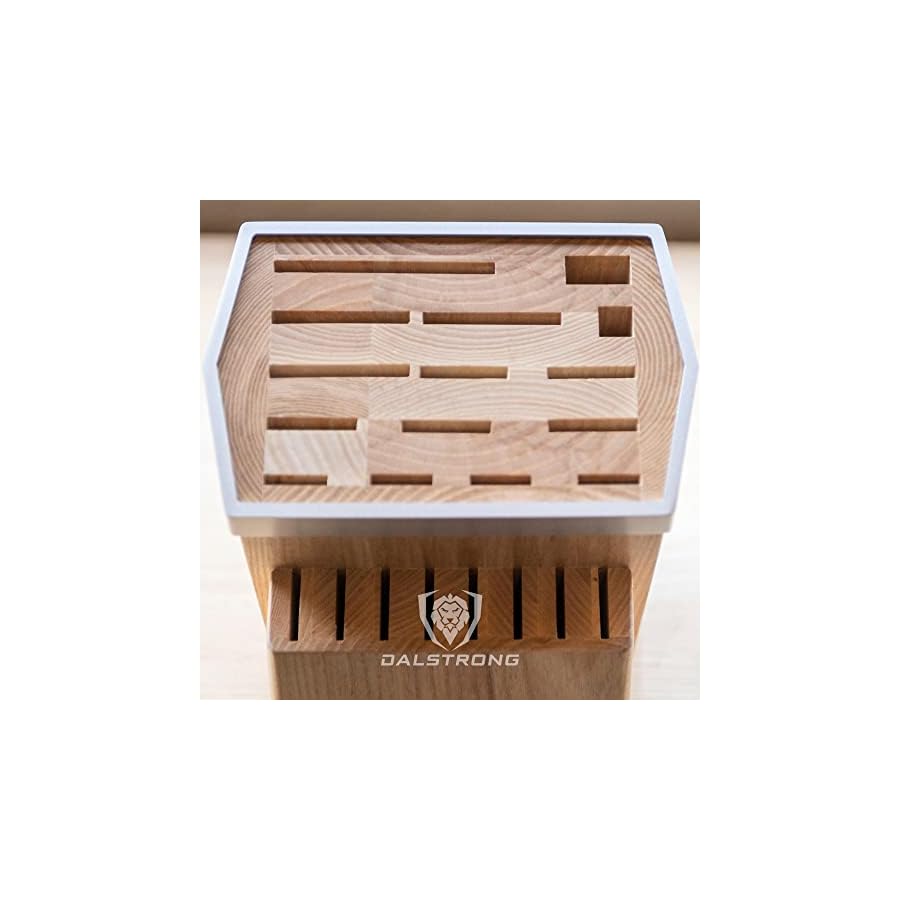 DALSTRONG-Universal-Knife-Block-23-Slots-Premium-American-Ash-Wood-Aluminum-Alloy-Rim-Kitchen-Set-Lion-Head-Logo-Badge-Premium-Craftsmanship-Knife-Set-Angled-For-Ergonomics-Cleans-Easily DALSTRONG Universal Knife Block - 23 Slots - Premium American Ash Wood - Aluminum Alloy Rim Kitchen Set - Lion Head Logo Badge - Premium Craftsmanship Knife Set - Angled For Ergonomics - Cleans Easily