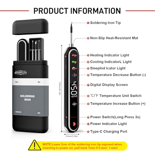 Image of Serplex USB Cordless Soldering Iron Kit, 1400mAh Soldering Iron Pen with 3 Interchangeable Heads, 350-450 C Adjustable Temperature with LCD Display, Fast Heat, for Home Appliance Repair, DIY Crafts