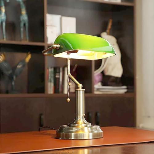 Image of HDC Premium Banker Lamp Antique Style Emerald Green Glass Desk Light Fixture Metal Beaded Pull Cord Switch Attached Golden Shade Attractive Table Lamp for Bedroom, Office Library Study Room