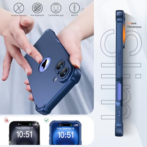 Image of ORETECH 3 in 1 for iPhone 16 Case with 2 x 9H Screen Protector,Blue | Full Body Shockproof Design Smooth Texture,15FT Military Grade, Camera Lens Shield, with Armor Front Frame Protection