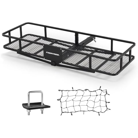 FIERYRED Folding Hitch Mount Cargo Carrier 60" x 20" x 7", 500 LBS Heavy Duty Trailer Hitch Mount Cargo Basket with Net & Hitch Stabilizer, Fit 2" Receiver for SUV, Truck, Car Cover