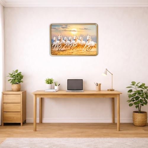 Image of XOPY Seven Running Horses with Golden Frame | Vastu 7 horses Raw Pyrite Painting for Home, Office & Living Room Wall Decore | 12X18 Inch Sparkle Laminated Frame | Best For Gifting (53313, 12X18)