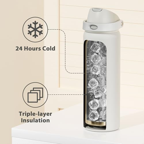 Image of 32 oz Insulated Water Bottle with Straw: Meoky Stainless Steel Metal Water Bottle with 2-in-1 Lid - Leak Proof, Cold for 24 Hours, Protective Silicone Base, BPA-Free for Sports Gym, Ivory
