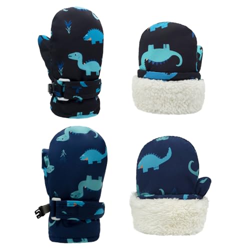 SmztTrend Toddler Mittens Waterproof Fleece Lined 2 Pack Toddler Winter Gloves Warm Snow Gloves for Baby Boys Girls (Dinosaur-Black+Navy, 2-4 Years)