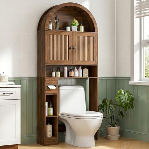 Arched Over The Toilet Storage Cabinet with Fluted Doors Above Toilet Bathroom Organizer 4 Tier Bathroom Cabinet Shelves with Toilet Paper Holder Mid Century Modern Storage Rack Tall Wide Walnut