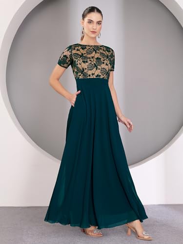Image of Miss Chase Women's V-Neck Full Sleeve Self Design Lace-Overlaid Georgette Maxi Dress