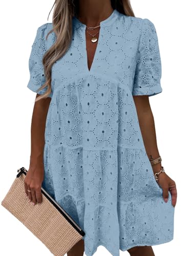 Image of Imily Bela Womens Summer Lace Dresses Eyelet Casual Flowy Babydoll Swing Short Sleeve V Neck Tunic Dress