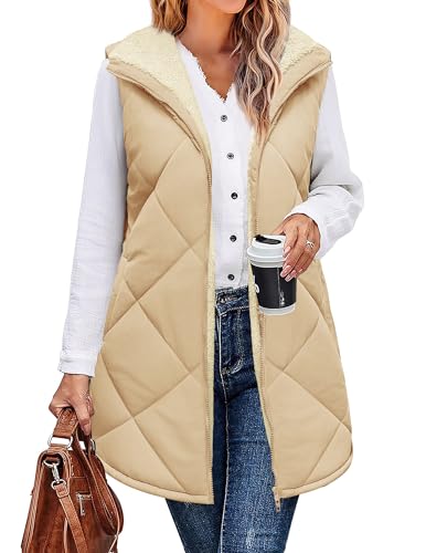 Zeagoo Vest Tops for Women Reversible Puffer Vest Coat Sleeveless Sherpa Fleece Jacket Zip Up Long Warm Winter Coat