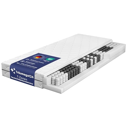 Träumegut24 Taschenfederkern Matratze 90 x 200 cm | 21 cm Höhe | Größe + Härtegrad wählbar | 7-Zonen-System für ergonomisches Liegen | Oeko-TEX Zertifiziert | Rollmatratze (90x200, H2&H3)