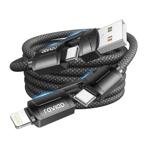 【3A Ricarica Rapida e Trasferimento Dati】La corrente di uscita totale massima del RAVIAD Multi USB Cargador Cable 60W può arrivare fino a 20V/3A. Questo Cavo Ricarica Multiplo supporta Power Delivery 3.0 e Quick Charge 3.0 e la velocità di trasmissione dei dati può raggiungere 480Mbps.