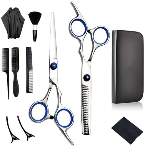 Azulmart Hair Cutting Scissors Set 11 PCS Professional Hairdressing Scissors Kit with Stainless Steel Haircut Scissor Thinning Shear Clips Comb and Barber Cape for Home Salon Barbershop Men/Women