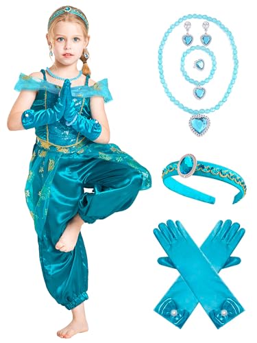 IKALI Enfants Costume de Jasmine Filles Costume de Princesse pour Halloween Noël Journée mondiale du livre Fête de Carnaval avec Bandeau Gant Collier 7-8 ans