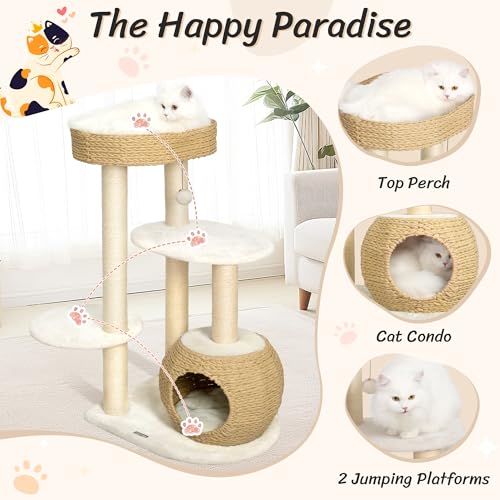 Image of KAMABOKO Modern Cat Tree, 39 inch Tall Cat Tree for Large Cats Cat Condo | Natural Sisal with Scratching Posts Indoor Cats, Hand-Woven Tower & Top Perch, Cat-Tree for Kittens Climb Play & Rest