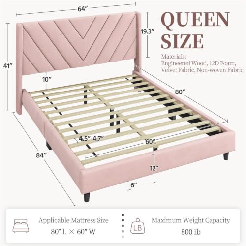 Image of Yaheetech Queen Bed Frame Upholstered Platform Bed /Wooden Slat Support /Tufted Headboard with Wing Side /Mattress Foundation /No Box Spring Needed,Pink Queen