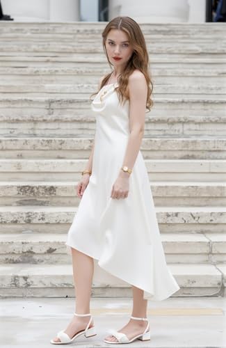 Castamere Women's Bow Knot Heeled Sandals Ankle Strap Buckle Open Square Toe Block Chunky Heels Wedding Dress Bride Fashion 1.4 Inches Heels3