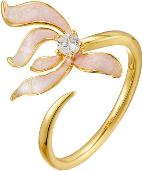 Kokoma Pink Iris Flower Ring for Women Floral Open Statement Ring Adjustable Wrap Finger Band Promise Rings Wedding Rings Fashion Jewelry