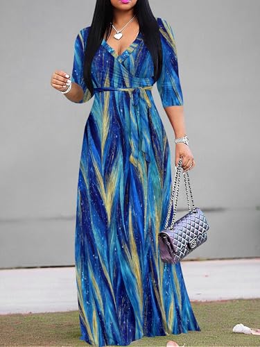 Image of PinkPatty Plus Size Dresses for Curvy Women V Neck Flowy Long Sleeves Wrap Maxi Dress Travel Vacation Outfits