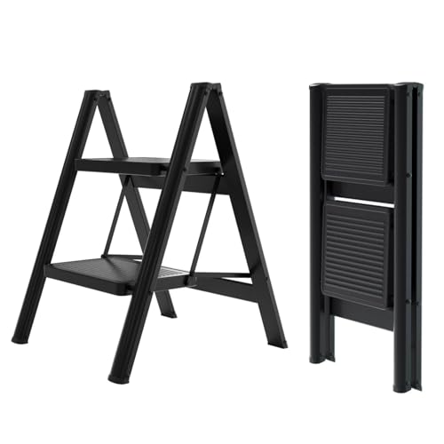 Image of Kiesh Portable 2-Step Folding Step Stool, Heavy Duty Steel Ladder with Anti-Side Slip Pedals, 500 lbs Capacity, Compact & Lightweight for Household Kitchen, Home & Office Use (Black)