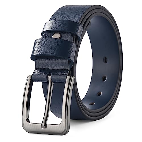 HYCOPROT Cinturón Piel Hombre ,Cinturones de Cuero Para Hombres de 38mm de Ancho, Hebilla de Cinturon Ajustable Para Pantalones Vaqueros de Trabajo Informales (110cm, Azul Marino)