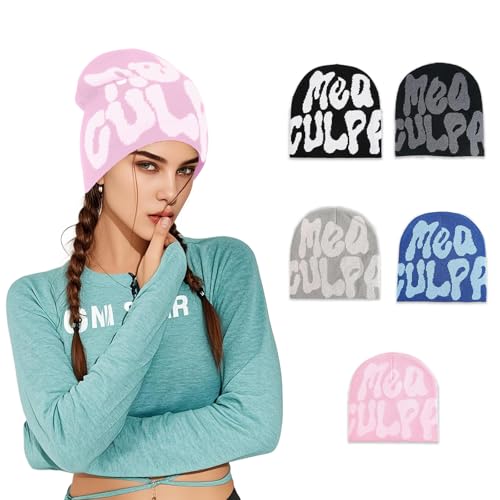 YSNeoBrim Y2k Beanies for Women Man MEA Culpa Beanie Unique Pattern Design Y2K Knitted Hat Suitable for All Seasons Wearing (US Alpha One Size Pink Pink)